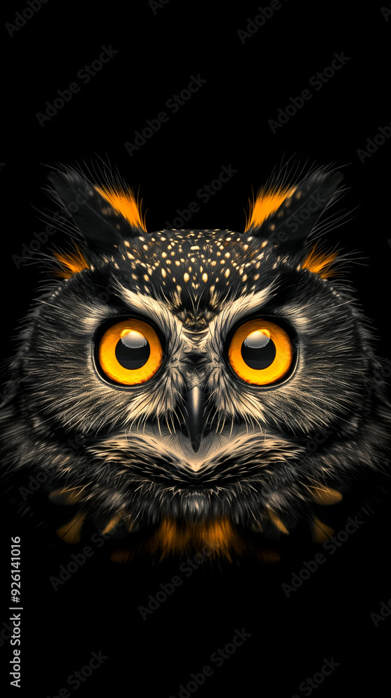 A close up of an owl's face with yellow eyes. The owl's eyes are open and staring at the camera