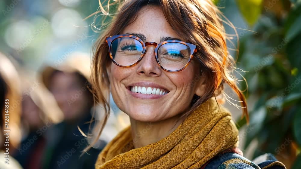 Smiling woman with glasses wearing an orange scarf outdoors during a sunny day, positive adult woman with a group of people Smiling woman with glasses wearing an orange scarf outdoors during a sunny day, positive adult woman with a group of people