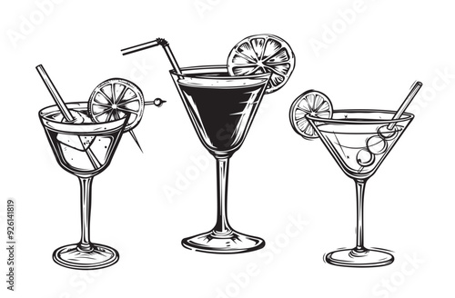 Coctails set. Hand drawn vector illustration. Martini bloody mary punch daiquiri margarita