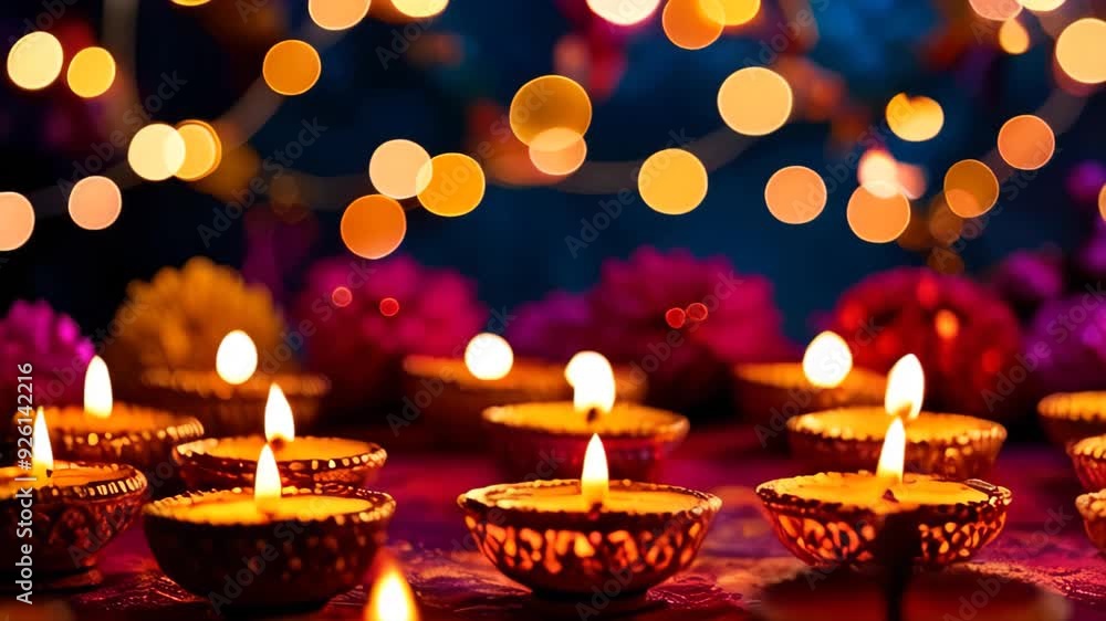 Diwali diyas arranged on a colorful rangoli, with soft bokeh lights in the background Diwali diyas arranged on a colorful rangoli, with soft bokeh lights in the background