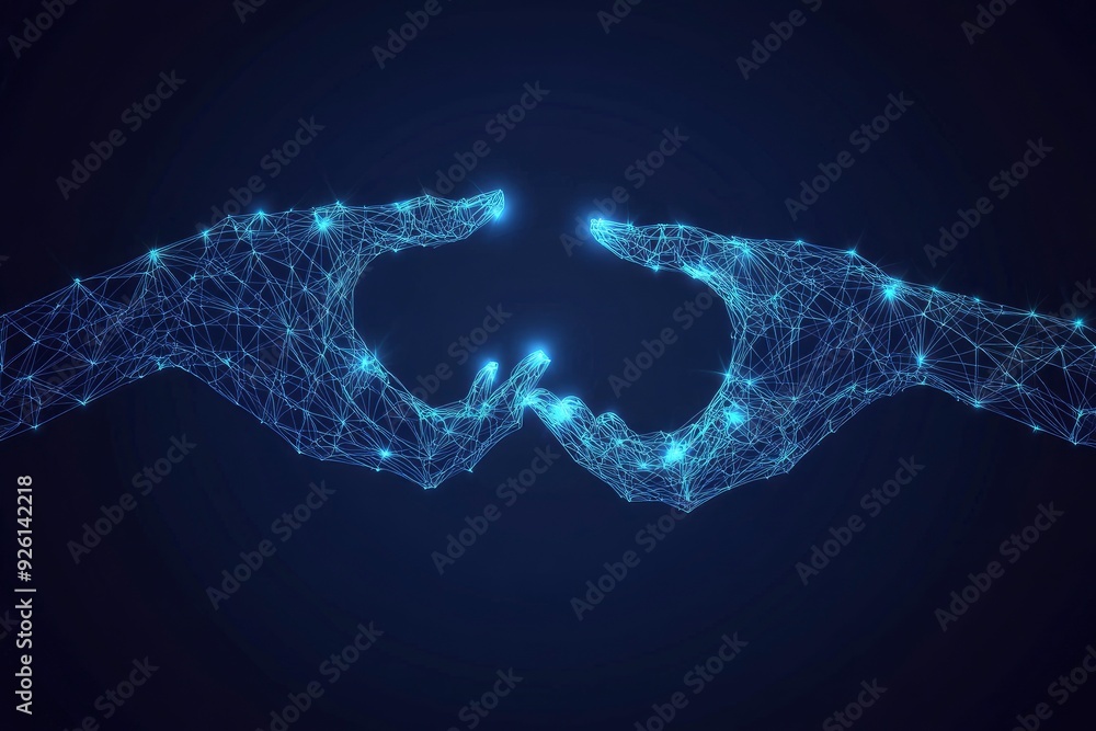 Two Digital Hands Holding Something. Blue Low Poly Wireframe Illustration on Dark Blue Background. Technology Concept. with generative ai Two Digital Hands Holding Something. Blue Low Poly Wireframe Illustration on Dark Blue Background. Technology Concept. with generative ai