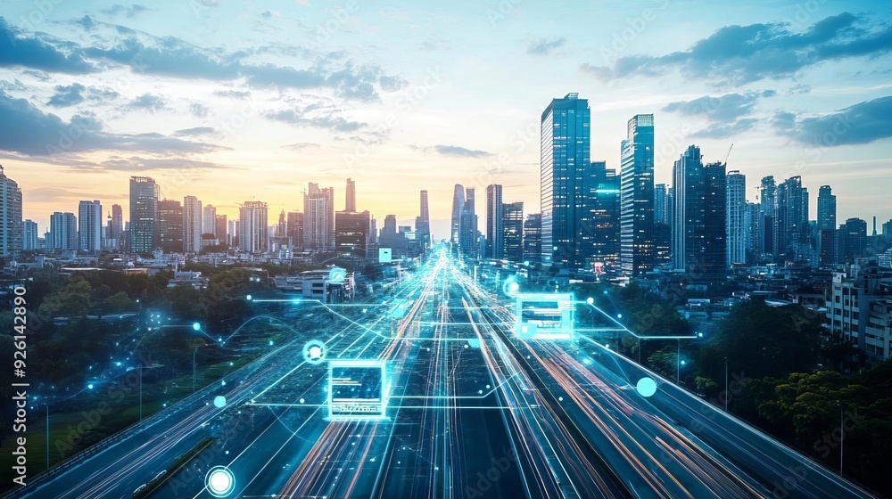 Obraz premium Blured lights streak through urban jungle as speeding cars navigate a concrete labyrinth beneath a towering skyscraper skyline