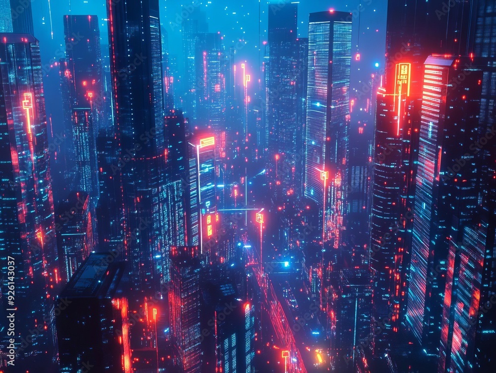 Neon lights shimmer in a vibrant digital loop, painting a futuristic cityscape against a starry backdrop