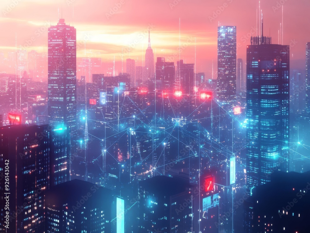 Glowing cityscape panorama with towering skyscrapers illuminated against a vibrant night sky Glowing cityscape panorama with towering skyscrapers illuminated against a vibrant night sky