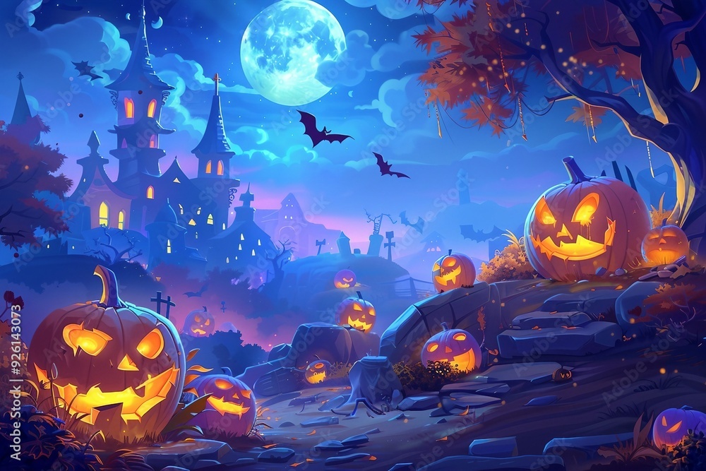 a painting of a halloween scene with pumpkins and bats a painting of a halloween scene with pumpkins and bats