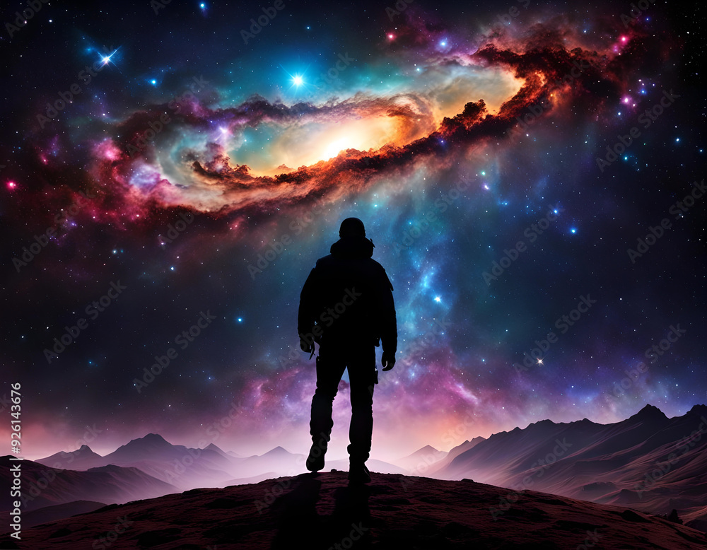 Man facing endless universe with sparkling stars, galaxies, and nebulas in outer space. Amazing Cosmos Background. Digital illustration. CG Artwork Background Man facing endless universe with sparkling stars, galaxies, and nebulas in outer space. Amazing Cosmos Background. Digital illustration. CG Artwork Background