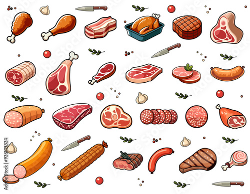 Various meat products, including chicken, pork, beef, and sausages, along with knives and spices on a white background. Concept of cooking and food preparation. Vector illustration