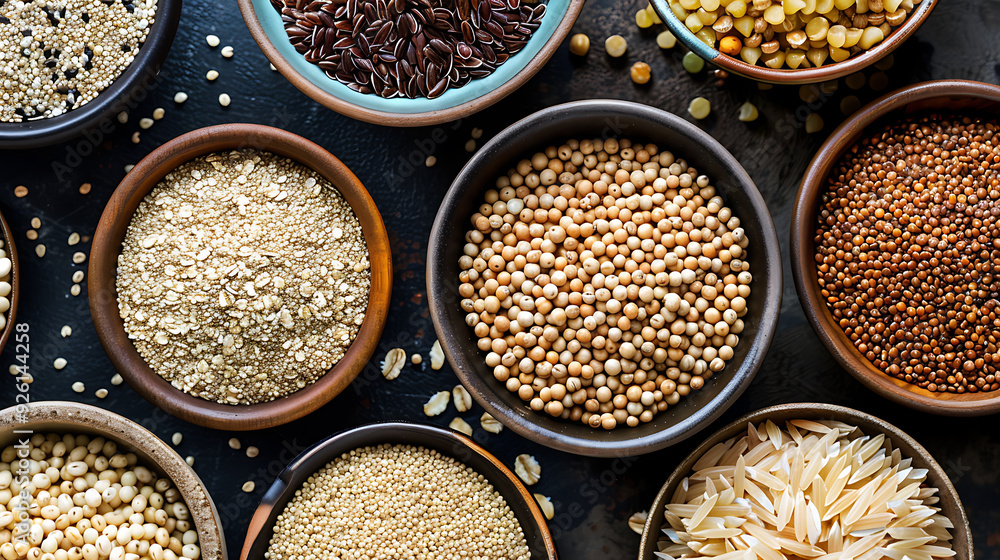 A variety of whole grains including brown rice, quinoa, oats, and barley arranged in bowls, symbolizing a nutritious diet for a healthy lifestyle.
A variety of whole grains including brown rice, quinoa, oats, and barley arranged in bowls, symbolizing a nutritious diet for a healthy lifestyle.