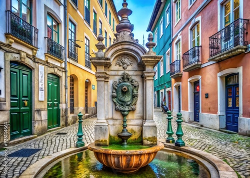 Ancient ornate drinking water fountain adorns a historic street in Lisbon's charming Amoreiras neighborhood, evoking nostalgia and classic European charm.