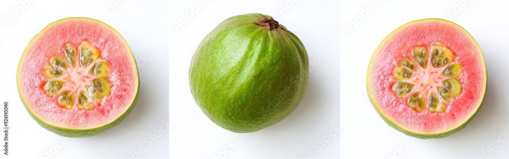 guava fruit, one whole and two cut in half with the seeds visible on a white background. guava fruit, one whole and two cut in half with the seeds visible on a white background.