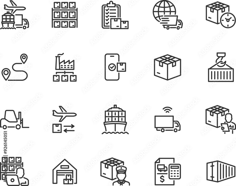 Fototapeta premium Vector set of logistics line icons. Contains icons warehouse, cargo, forklift, inventory, warehouse worker, distribution, transportation, delivery, customs and more. Pixel perfect.