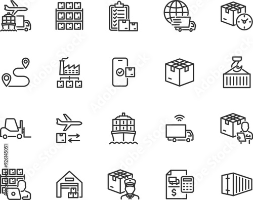 Vector set of logistics line icons. Contains icons warehouse, cargo, forklift, inventory, warehouse worker, distribution, transportation, delivery, customs and more. Pixel perfect.