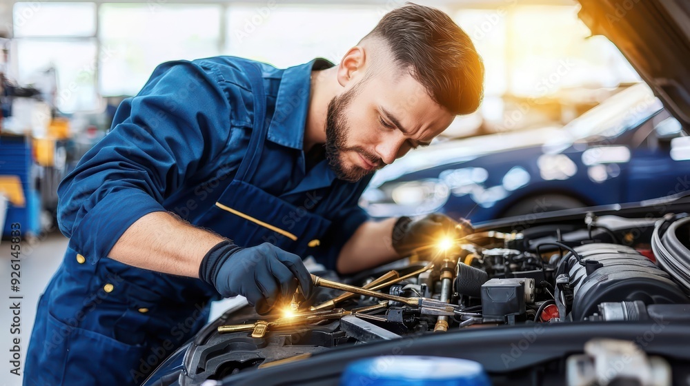 A skilled mechanic works intently on a car engine, using tools to ensure optimal performance and quality repairs. A skilled mechanic works intently on a car engine, using tools to ensure optimal performance and quality repairs.