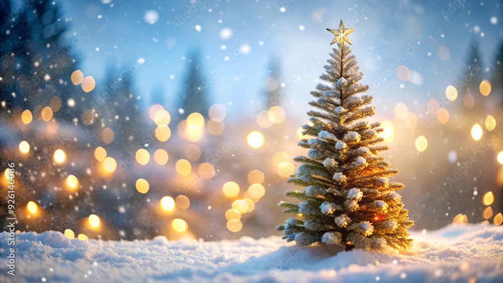Shiny Christmas Tree in a Blurred Winter Background: A Serene Holiday Scene Shiny Christmas Tree in a Blurred Winter Background: A Serene Holiday Scene