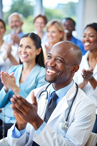 Happy African American doctor applauding while attending healthcare seminar.