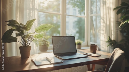 Wallpaper Mural A minimalist home office setup featuring a sleek desk, a modern laptop, and a potted plant. The natural light from a large window brightens the space, creating a calming work environment. A cozy Torontodigital.ca