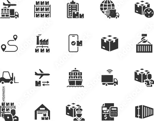 Vector set of logistics flat icons. Contains icons warehouse, cargo, forklift, inventory, warehouse worker, distribution, transportation, delivery, customs and more. Pixel perfect.