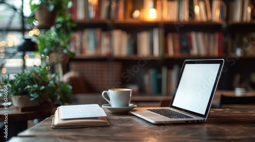 A close-up of a digital nomad's workspace in a cozy cafe. The laptop is open with a fresh cup of coffee nearby, surrounded by books and notes. The scene captures the flexibility of freelancing and