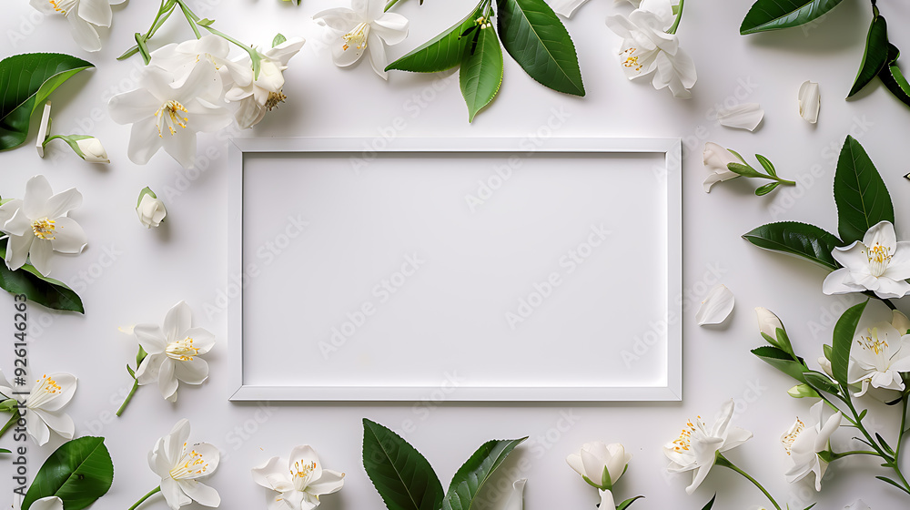 Composition featuring a blank white flat line frame centered on a plain background, elegantly adorned with fresh white jasmine flowers scattered around it.
Composition featuring a blank white flat line frame centered on a plain background, elegantly adorned with fresh white jasmine flowers scattered around it.