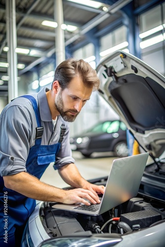 Auto repairmen using computer while working car diagnostic in service workshop.