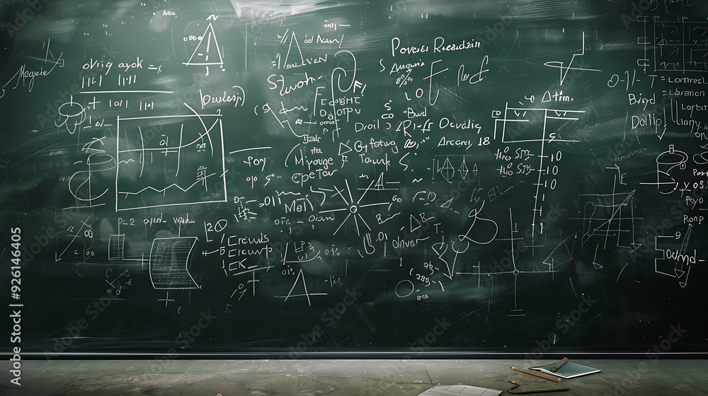 A dusty black chalkboard with complex equations and diagrams written in white chalk, symbolizing education, learning, and academic research in mathematics
A dusty black chalkboard with complex equations and diagrams written in white chalk, symbolizing education, learning, and academic research in mathematics