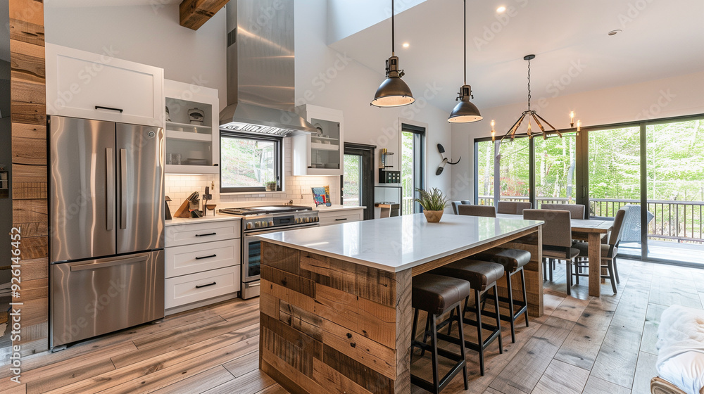 an open-concept kitchen with a large island, stainless steel appliances, and seamless cabinetry. a mix of natural materials like wood and stone for a warm, modern feel. an open-concept kitchen with a large island, stainless steel appliances, and seamless cabinetry. a mix of natural materials like wood and stone for a warm, modern feel.