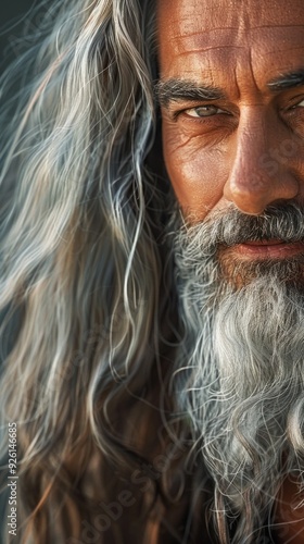 The man showcases wisdom and charisma with his long silver hair and intense, expressive eyes, evoking a sense of timelessness in natural light