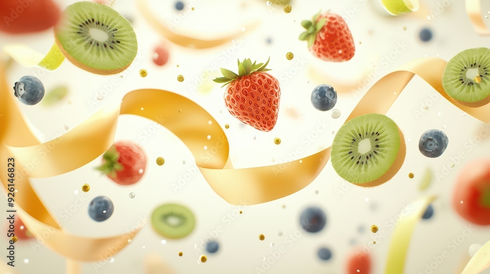 A vibrant display of floating fruits and ribbons, combining freshness and celebration in a whimsical, colorful scene. A vibrant display of floating fruits and ribbons, combining freshness and celebration in a whimsical, colorful scene.