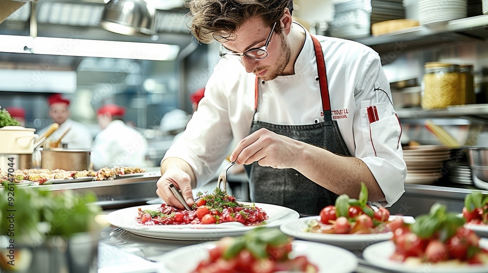 Arrangement, A chef prepares the arrangement of dishes for a tasting menu, placing each plate with precision. Generative AI. Arrangement, A chef prepares the arrangement of dishes for a tasting menu, placing each plate with precision. Generative AI.