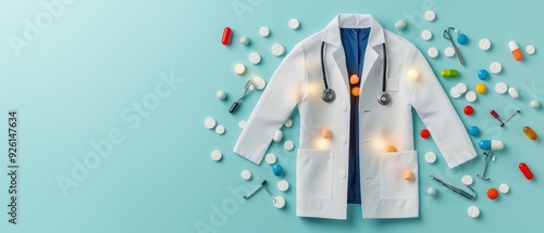 A white lab coat surrounded by colorful pills and medical tools, representing healthcare and the medical profession. photo