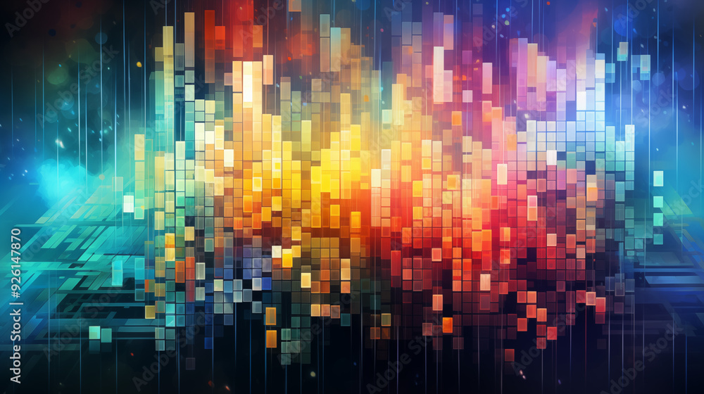 Dynamic Digital Mosaic With A Spectrum Of Vibrant Colors And Pixelated Blocks On A Dark Background Modern Geometric Art With Glowing Elements Dynamic Digital Mosaic With A Spectrum Of Vibrant Colors And Pixelated Blocks On A Dark Background Modern Geometric Art With Glowing Elements