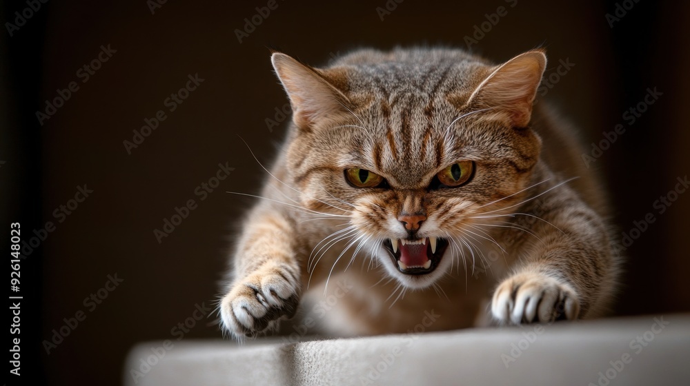 Fototapeta premium An angry cat hissing with claws extended, illustrating defensive behavior.