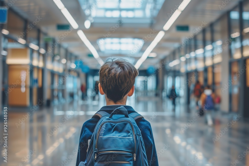 Young boy going back to school on his first day of school with a backpack Young boy going back to school on his first day of school with a backpack