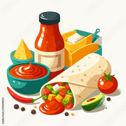 A colorful image of a Mexican meal with a bottle of ketchup, a bowl of salsa, and a tortilla wrap