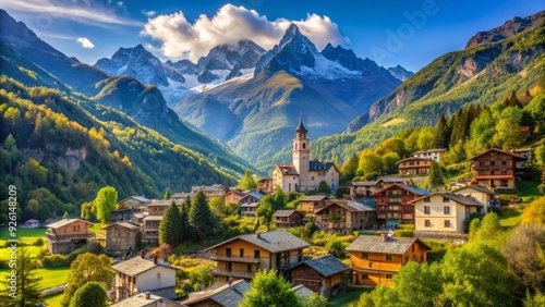 Idyllic mountain village of Gaby nestled in the picturesque Aosta Valley, Italy, surrounded by lush greenery and towering Alpine peaks on a sunny September day.