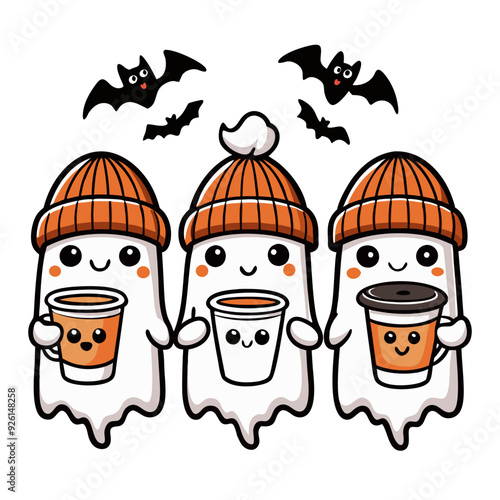 cute ghost with hat and coffee cup cartoon vector illustration