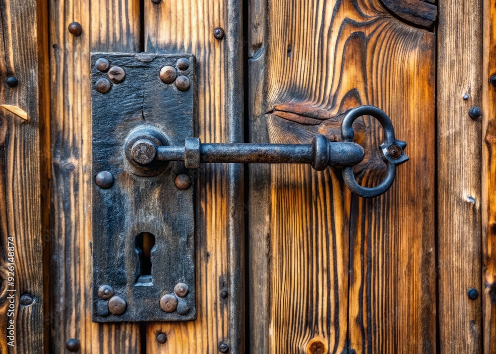 A rustic wooden door adorned with a distressed black-painted vintage key latch, adding a touch of nostalgic charm to a traditional entranceway. A rustic wooden door adorned with a distressed black-painted vintage key latch, adding a touch of nostalgic charm to a traditional entranceway.