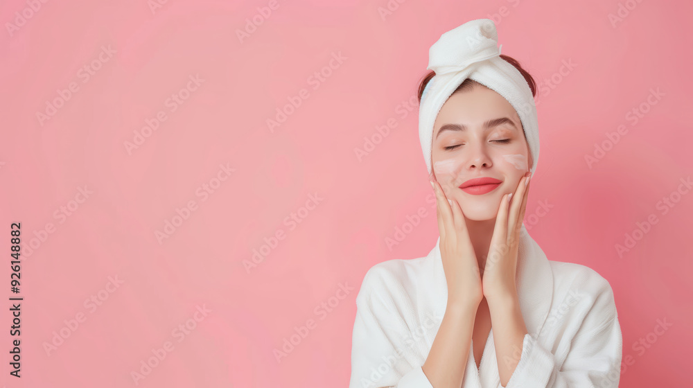 Woman Relaxing with Skin Care Routine in White Robe and Towel Turban Against a Pink Background Woman Relaxing with Skin Care Routine in White Robe and Towel Turban Against a Pink Background
