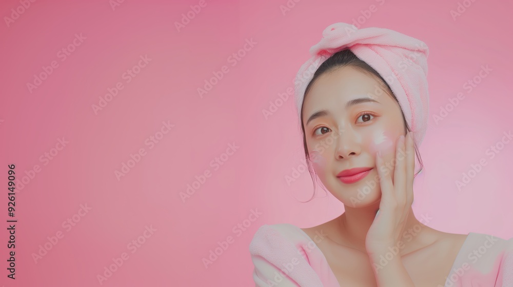 Young Woman Enjoying Skincare Routine with Soft Pink Towel on Hair, Radiant Complexion, and Gentle Smile Young Woman Enjoying Skincare Routine with Soft Pink Towel on Hair, Radiant Complexion, and Gentle Smile