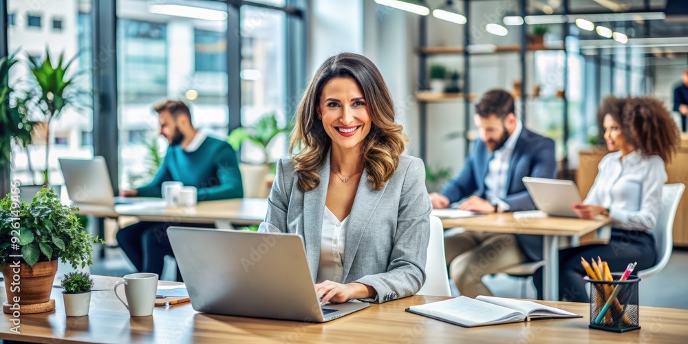 Smiling professional female entrepreneur stands confidently in modern office, surrounded by laptops and papers, exuding positivity and productivity in a bustling work environment. Smiling professional female entrepreneur stands confidently in modern office, surrounded by laptops and papers, exuding positivity and productivity in a bustling work environment.