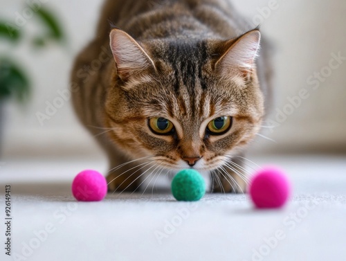 A cat gently tapping a toy with its claws retracted, demonstrating calm and relaxed behavior.