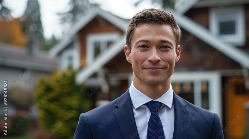 Confident Businessman Smiling Outdoors in Front of a Suburban House on a Bright Day Confident Businessman Smiling Outdoors in Front of a Suburban House on a Bright Day