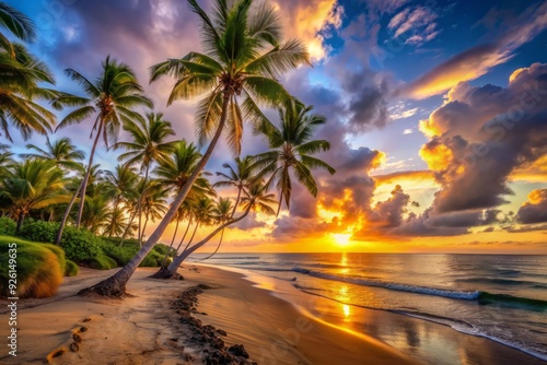 Vibrant sunrise casts a warm glow on a tranquil beach, with palm trees swaying gently in the breeze, as the shore waits to come alive.