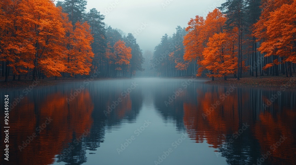 Golden autumn leaves reflect beautifully on the still waters, creating a peaceful atmosphere in the early morning mist Golden autumn leaves reflect beautifully on the still waters, creating a peaceful atmosphere in the early morning mist