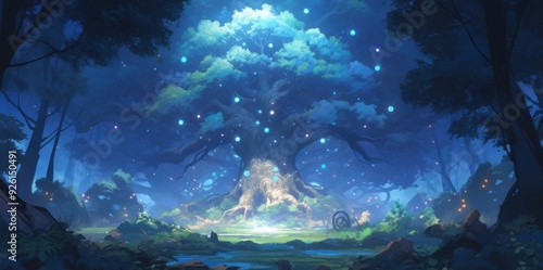 Enchanting Anime-Style Majestic Enigma: A Magical Tree in a Hauntingly Beautiful Forest, Realistic Cartoon Style Scenery Perfect for Gaming Art and Storybook Illustrations in 4K photo