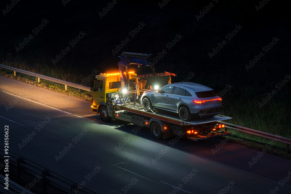 Car rescue transports a troubled luxury car .towing truck during works on a highway