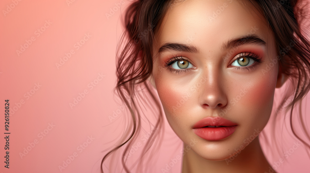 Close-Up Portrait of a Beautiful Young Woman With Radiant Skin and Green Eyes on a Pink Background Close-Up Portrait of a Beautiful Young Woman With Radiant Skin and Green Eyes on a Pink Background
