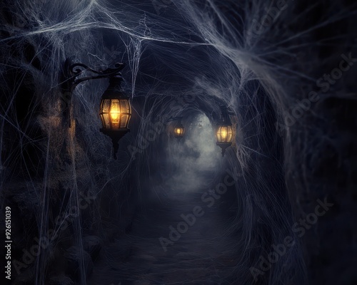 Eerie cobwebfilled tunnel with flickering lanterns, misty atmosphere, dark fantasy setting, Halloween tunnel, haunted passageway concept photo