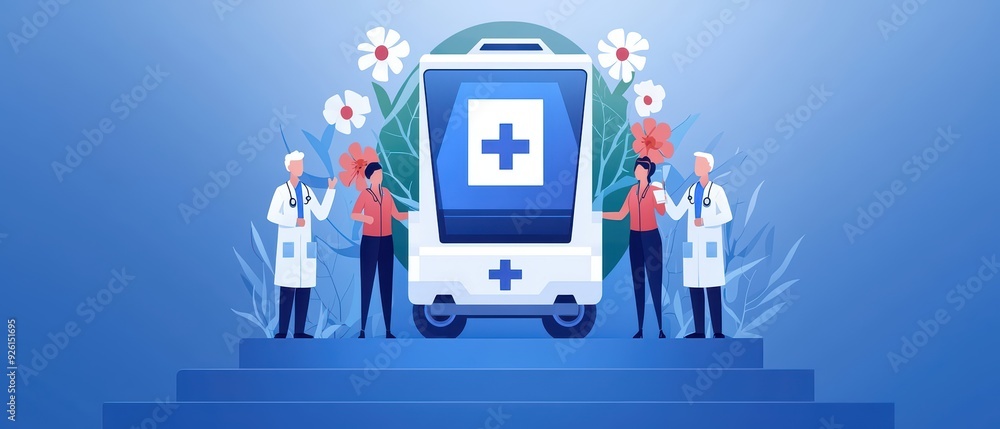 Vector illustration of medical professionals by an ambulance, symbolizing healthcare support and community assistance. Vector illustration of medical professionals by an ambulance, symbolizing healthcare support and community assistance.