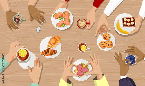 Various hands reaching for breakfast foods and drinks on a wooden table. Cartoon style. Top view. Concept of sharing and enjoying breakfast together. Vector illustration